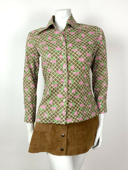 VINTAGE 60s 70s BROWN WHITE PINK CHECKED SQUARE FLORAL DAGGER SHIRT 10 12