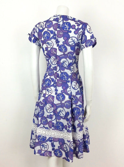 AMAZING VINTAGE 60s 70s ABSTRACT FLORAL DRESS PURPLE BLUE WHITE 10 12