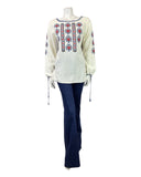 VINTAGE 60s 70s WHITE BLUE RED CROSS-STITCH EMBROIDERED FOLK BOHO BLOUSE 10 12