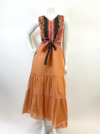 VTG 60s 70s ORANGE BLACK RED FLORAL BOHO FOLK SLEEVELESS TIERED MAXI DRESS 10