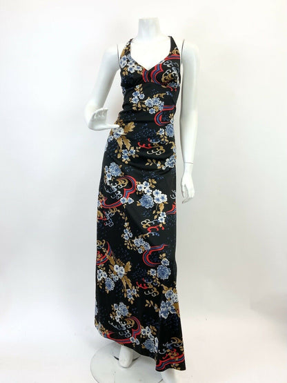 VTG 60s 70s BLACK BLUE RED CREAM FLORAL SWIRL SPAGHETTI SUMMER MAXI DRESS 10 12