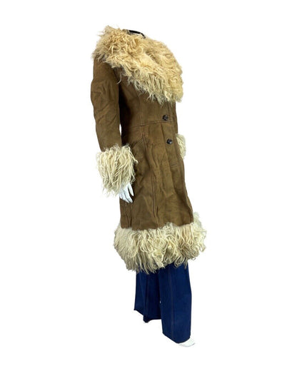 VINTAGE 60s 70s BROWN CREAM BOHO SUEDE SHEEPSKIN SHEARLING LONG COAT 10