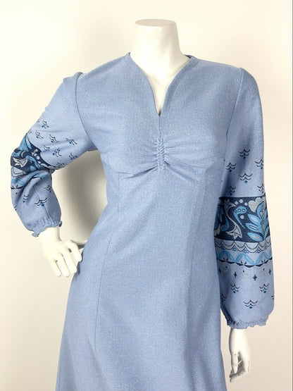 VINTAGE 60s 70s BLUE NAVY SILVER FLORAL WAVY GLITTERY PUFF SLEEVE MAXI DRESS 10