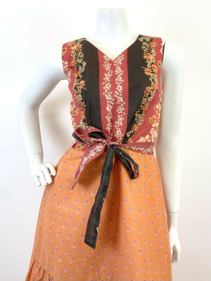 VTG 60s 70s ORANGE BLACK RED FLORAL BOHO FOLK SLEEVELESS TIERED MAXI DRESS 10