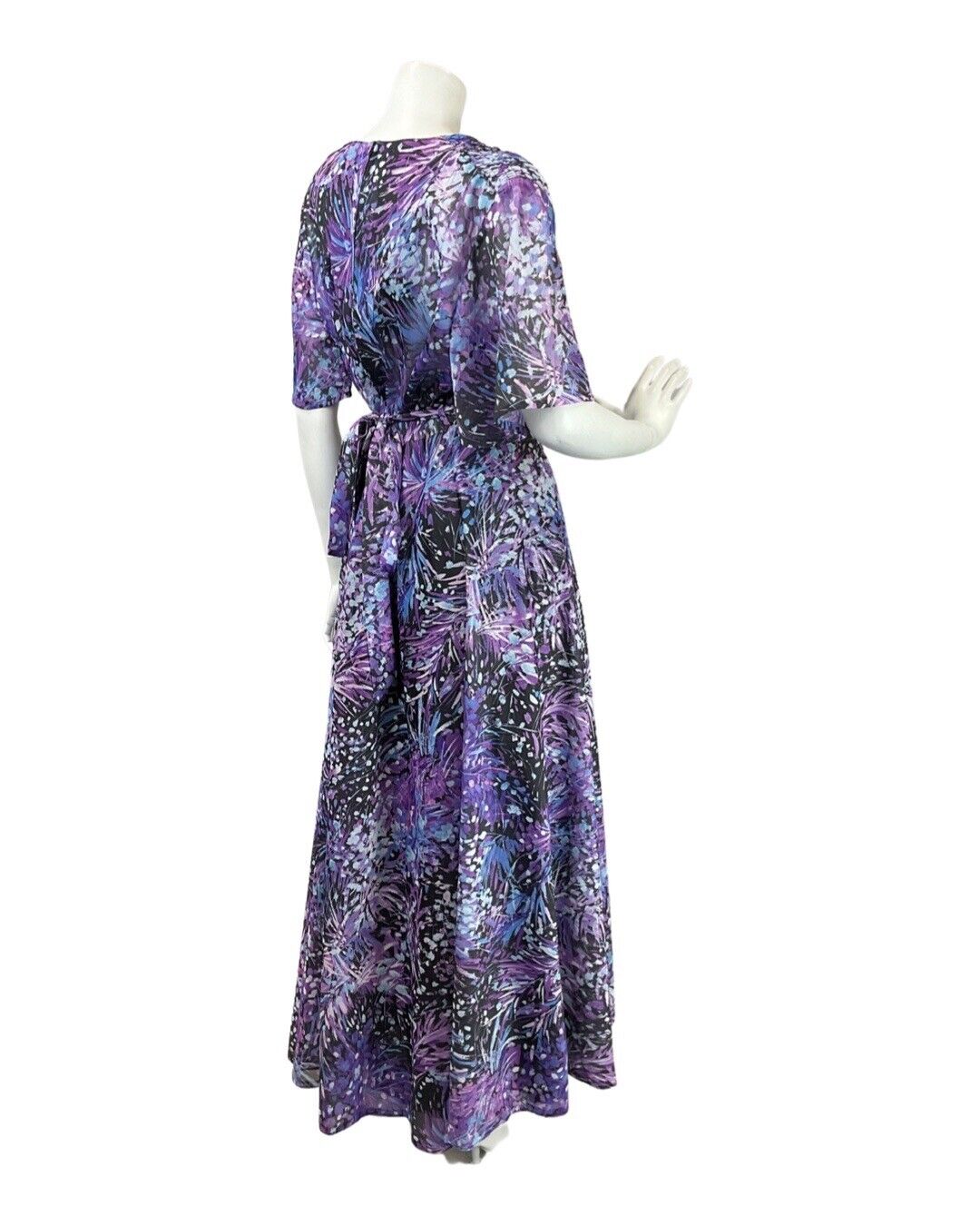 VINTAGE 60s 70s PURPLE BLUE BLACK PSYCHEDELIC FLORAL SHEER MAXI DRESS 18 20