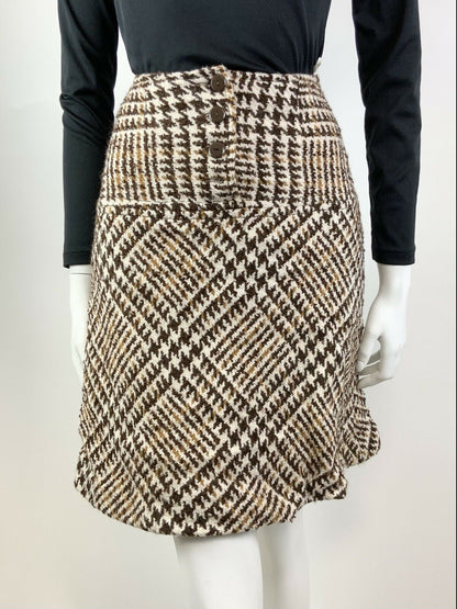 VINTAGE 60s 70s BROWN WHITE GOLD GEN CHECKED PLAID WOOL MOD SHORT SKIRT 4 6