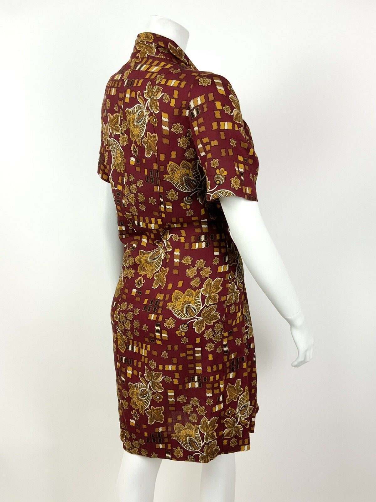 VINTAGE 60s 70s RED BROWN GOLD BLACK FLORAL PAISLEY SQUARE SHIFT DRESS 14 16