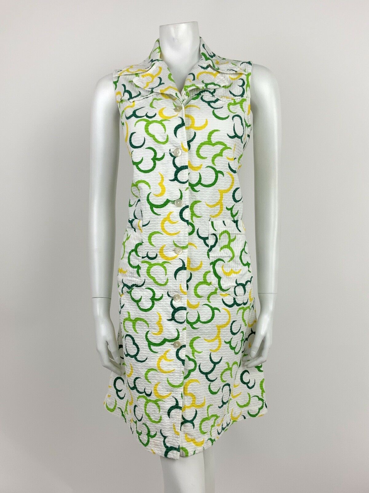 VINTAGE 60s 70s WHITE LIME FOREST GREEN YELLOW CRESCENT MOON COLLAR DRESS 12 14