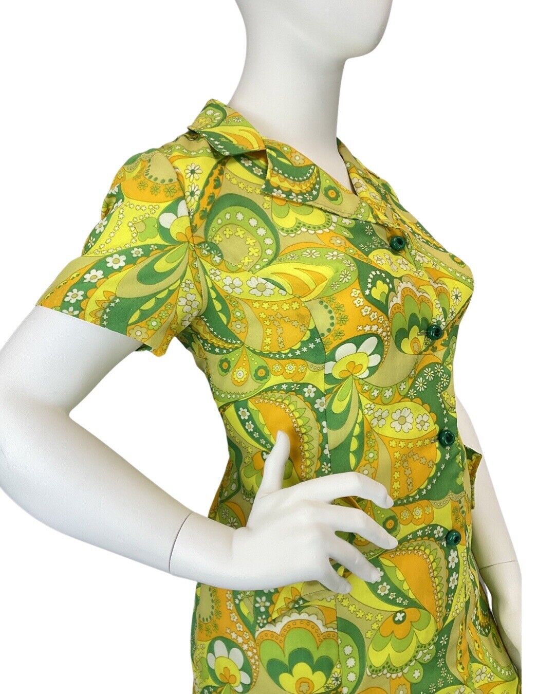 VINTAGE 60s 70s GREEN YELLOW ORANGE PSYCHEDELIC FLORAL SWIRL MOD SHIRT DRESS 16