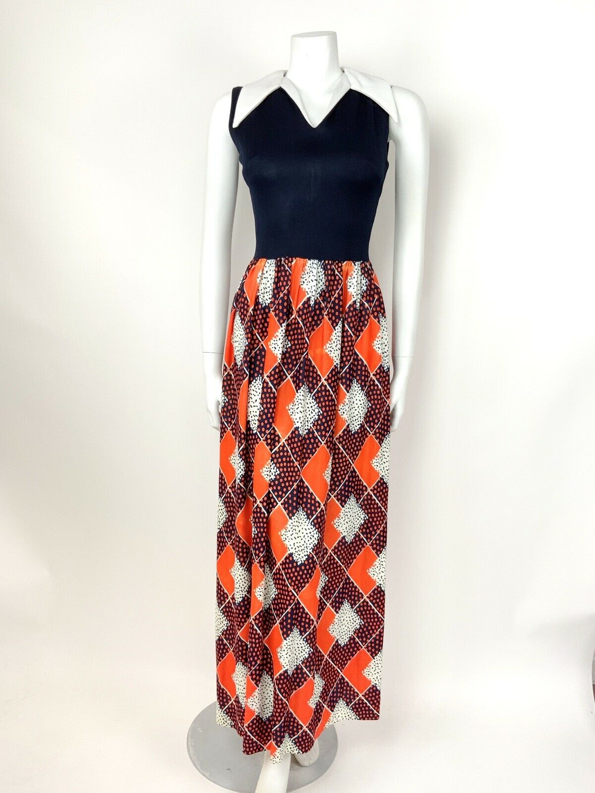 VTG 60s 70s BLUE MAXI DRESS WHITE WING COLLAR ORANGE ABSTRACT SPOT GEOMETRIC 10