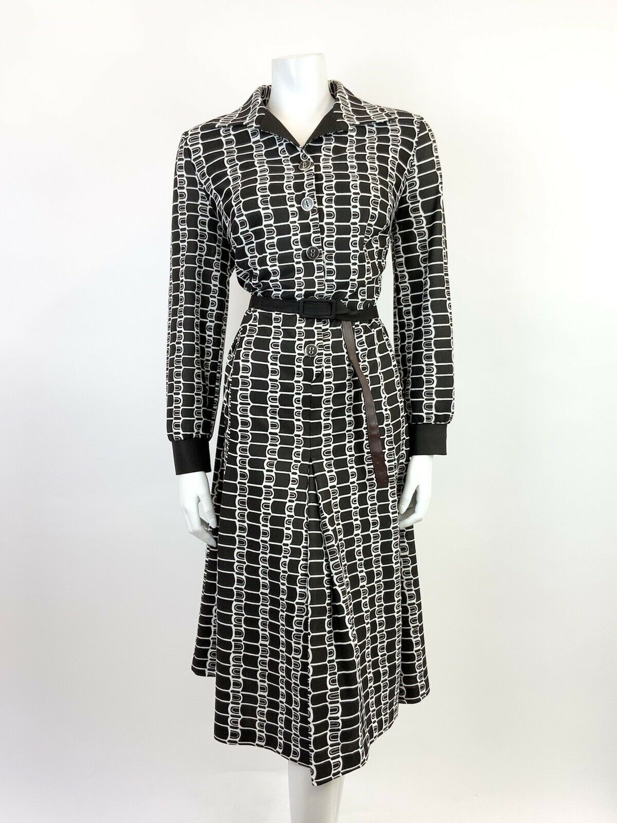 VINTAGE 60s 70s DARK BROWN WHITE GEOMETRIC BELTED SHIRT MIDI DRESS 14 16