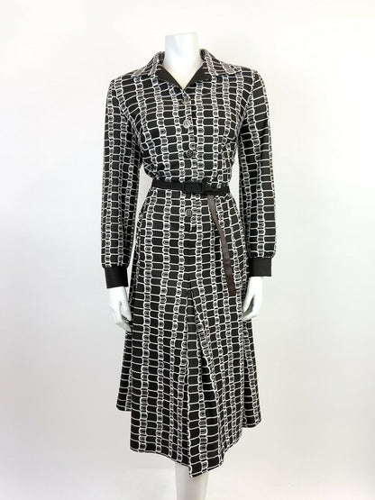 VINTAGE 60s 70s DARK BROWN WHITE GEOMETRIC BELTED SHIRT MIDI DRESS 14 16