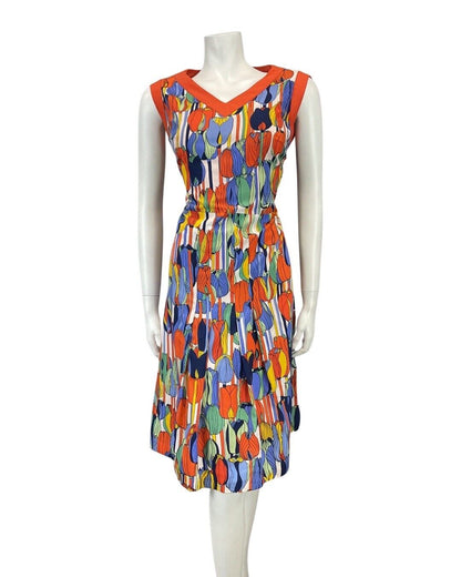 VINTAGE 60s 70s ORANGE BLUE GREEN TULIP FLOWER MOD SLEEVELESS DRESS 12