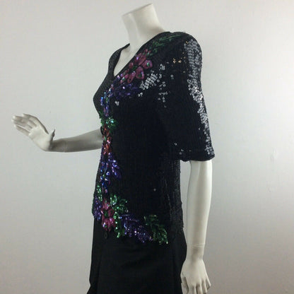 VINTAGE 80S SEQUIN BLACK PINK PURPLE, GREEN BLUE FLOWER TOP 10 12