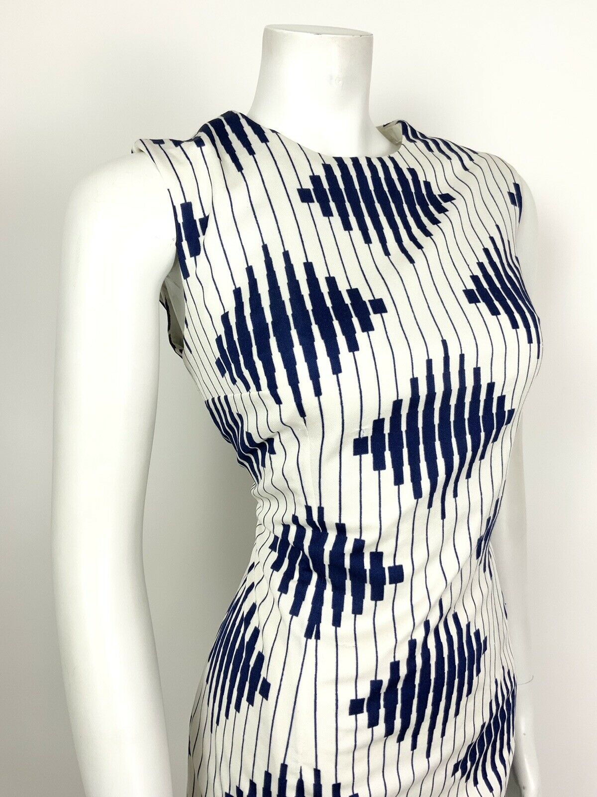 VINTAGE 60s 70s WHITE NAVY BLUE STRIPED DIAMOND GEOMETRIC WIGGLE DRESS 12 14