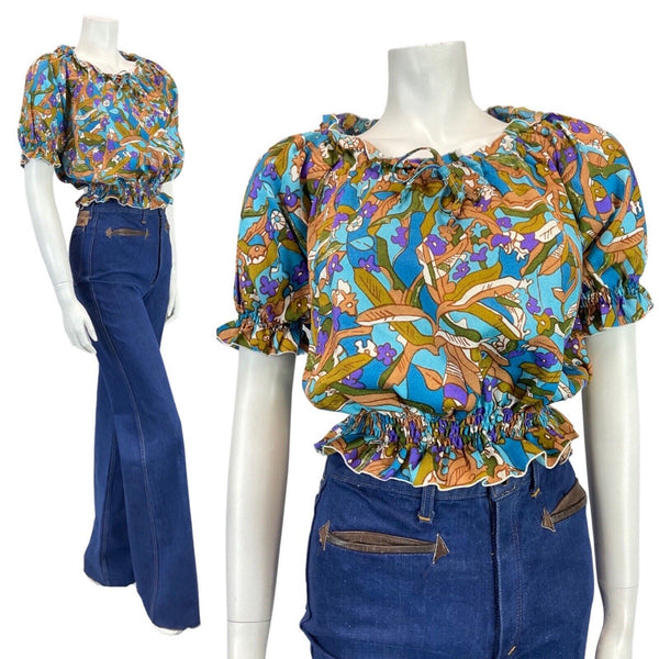 VINTAGE 60s 70s BLUE PURPLE BROWN PSYCEDELIC FLORAL MOD CROPPED BLOUSE TOP 12