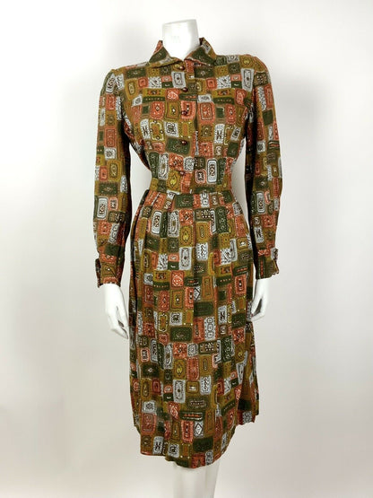 VINTAGE 60s 70s BROWN GREEN ORANGE BLUE GEOMETRIC FRENCH CUFF SHIRT DRESS 12