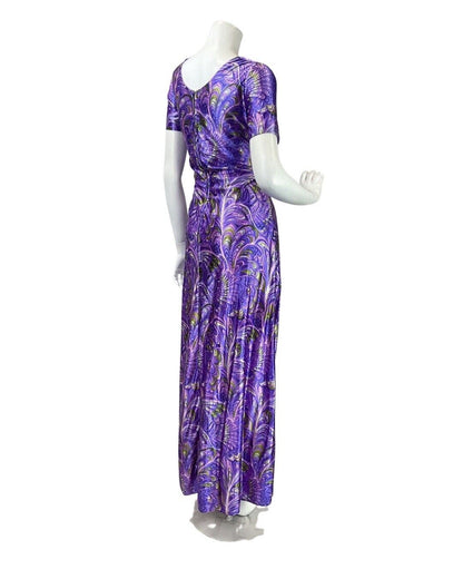 VINTAGE 70s PURPLE PINK BLUE PSYCHEDELIC FEATHER NOUVEAU EMPIRE MAXI DRESS 10