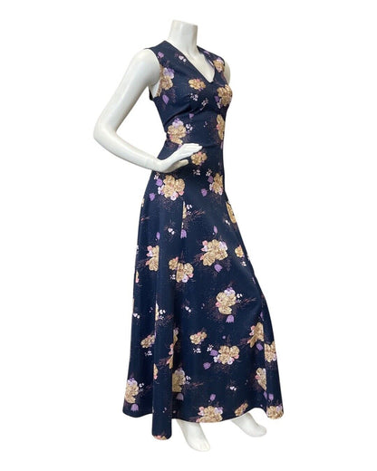 VINTAGE 60s 70s BLUE PURPLE CREAM FLORAL SLEEVELESS MAXI DRESS 10 12