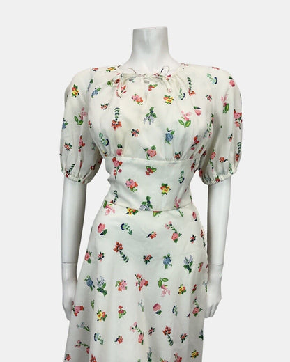 VINTAGE WHITE PINK GREEN YELLOW BLUE FLORAL PRINT MIDI DRESS 8 10