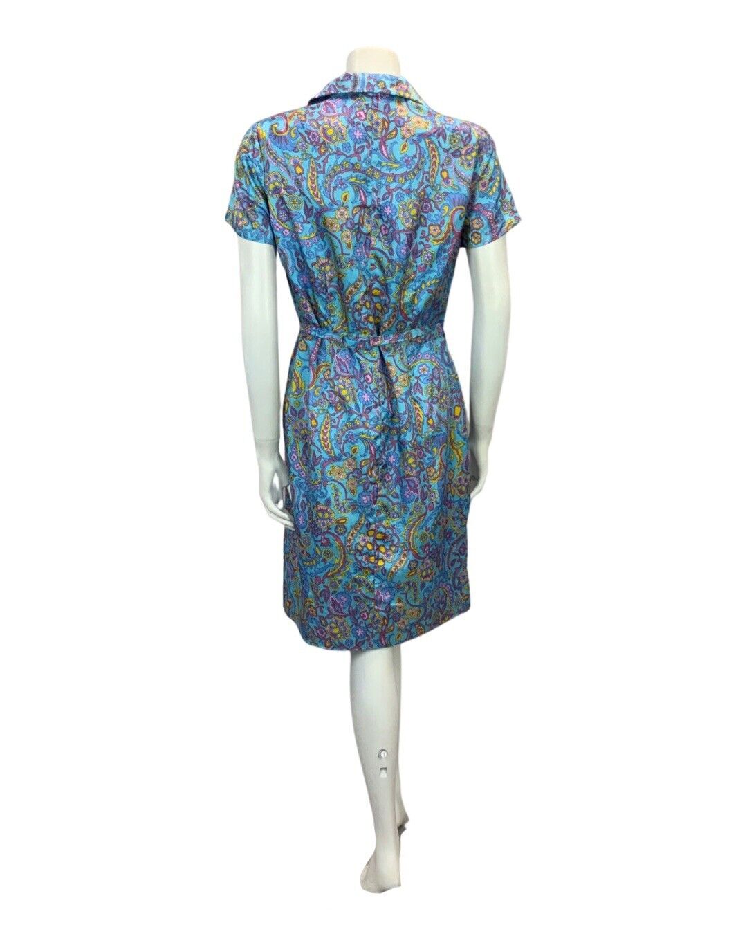 VINTAGE 60s 70s BLUE YELLOW PINK PURPLE PAISLEY PSYCHEDELIC MIDI PRINT DRESS 14