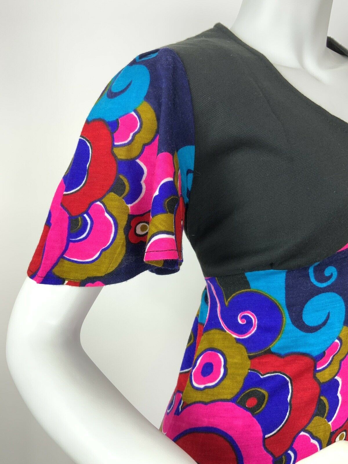 VTG 60s 70s BLUE BLACK PINK GOLD RED PSYCHEDELIC FLORAL SWIRL MAXI DRESS 8 10