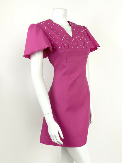 VTG 60s 70s FUCHSIA PINK EMPIRE LINE PEARL EMBELLISHMENT FLUTTER SLEEVE DRESS 8