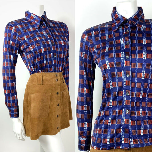 VINTAGE 60s 70s DARK BLUE RED WHITE GEOMETRIC STRIPE FLORAL DAGGER SHIRT 10 12