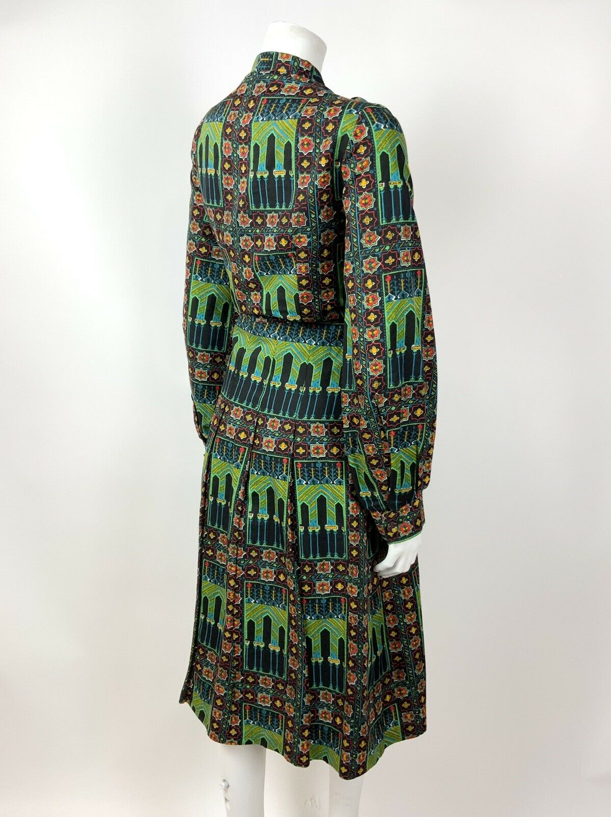 VTG 60s 70s BLACK GREEN YELLOW RED MOROCCAN TILE PSYCHEDELIC DRESS 12 14