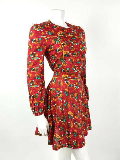 VINTAGE 60s 70s RED YELLOW BLUE FLORAL DITSY MOD PUFF SLEEVE MINI DRESS 8 10