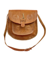 VINTAGE 60s 70s TAN BROWN LEATHER STAMPED TAURUS BULL LAUREL LEAF BOHO MOD BAG