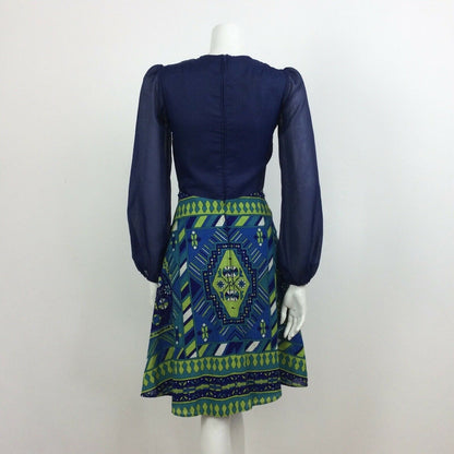 60S 70S VINTAGE PSYCHEDELIC GREEN BLUE COTTON SILKY MINI DRESS 6