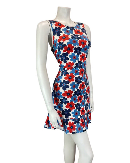 VINTAGE 60s 70s BLUE RED WHITE DAISY FLOWER POWER MOD SLEEVELESS SHORT DRESS 10