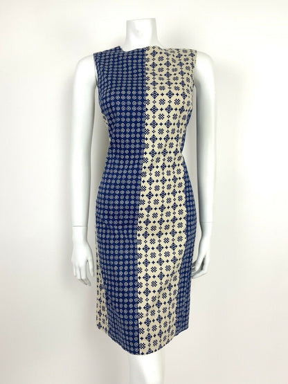 VINTAGE 60s 70s NAVY BLUE CREAM WHITE FLORAL ABSTRACT SHEATH DRESS 10 12