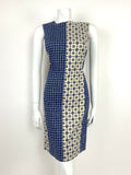 VINTAGE 60s 70s NAVY BLUE CREAM WHITE FLORAL ABSTRACT SHEATH DRESS 10 12