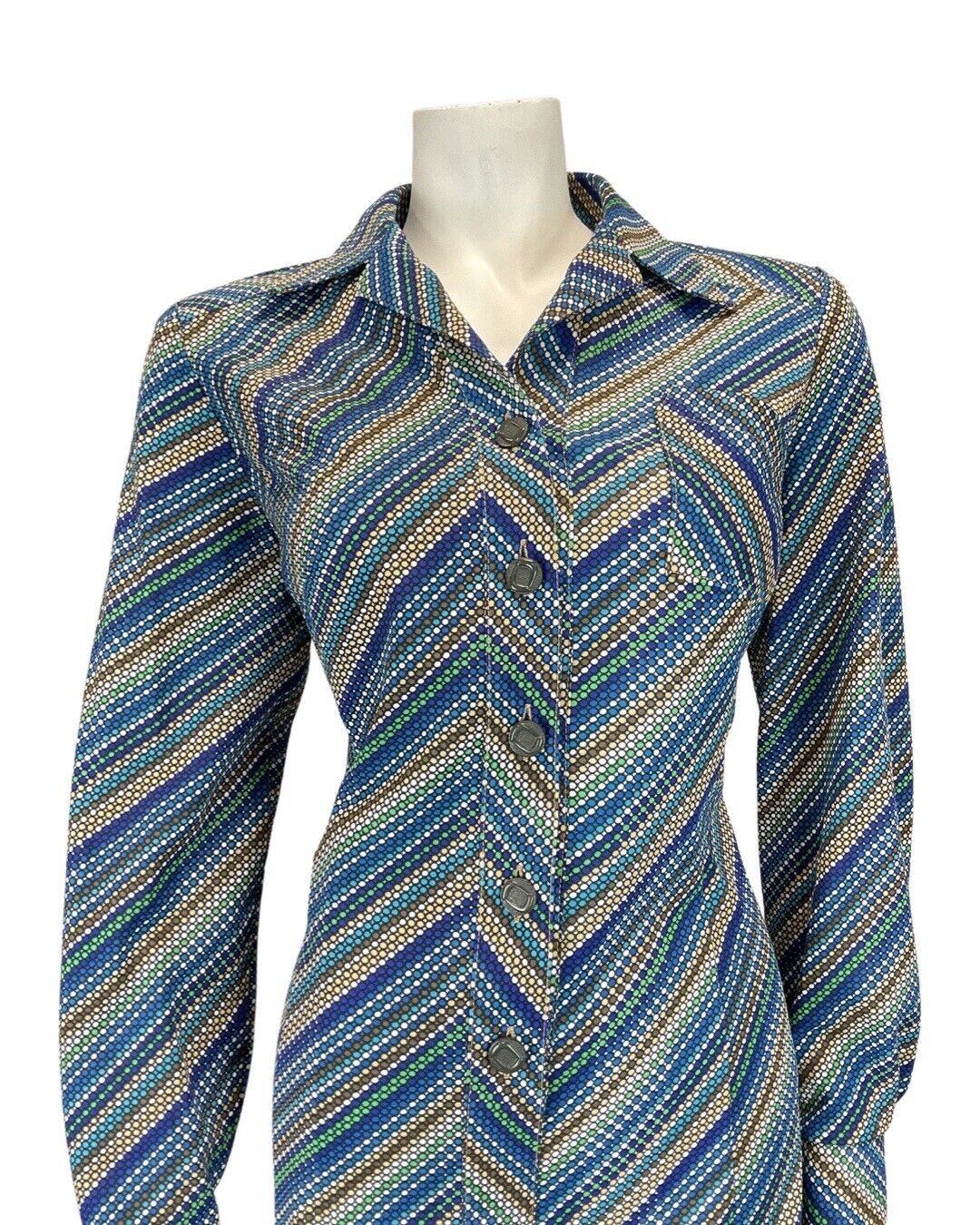 VINTAGE 60s 70s BLUE GREEN YELLOW STRIPED DOTTY MOD SHIRT DRESS 14