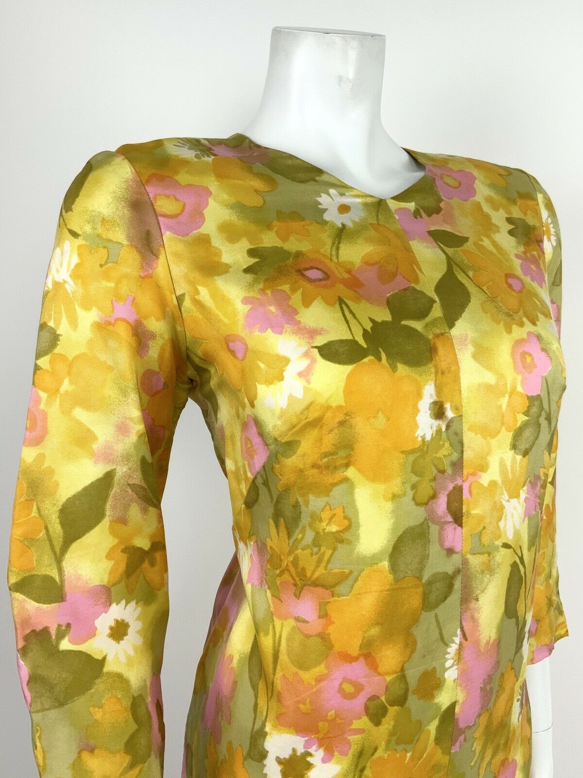 VINTAGE 60s 70s PSYCHEDELIC YELLOW GREEN PINK WHITE FLORAL SHIFT DRESS 12 14