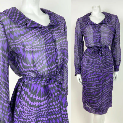 VTG 60s 70s BLACK PURPLE DIAMOND WAVY PSYCHEDELIC SHEER SHIRT DRESS 12 14