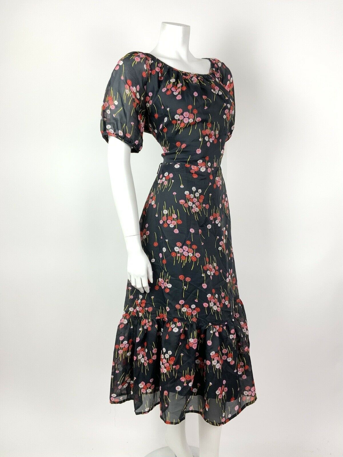 VINTAGE 60s 70s BLACK PINK RED FLORAL GERBERA PUFF SLEEVE SHEER MIDI DRESS 14 16