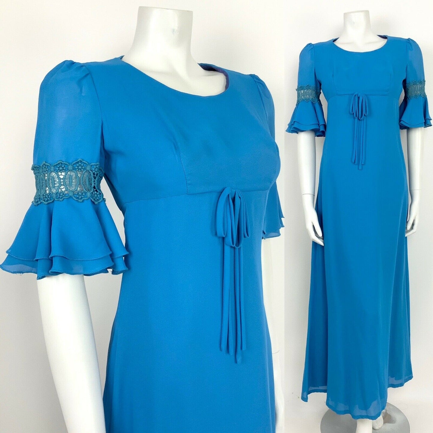 VINTAGE 60s 70s BLUE EMPIRE LINE FLOUNCE CROCHET LACE SLEEVE MAXI DRESS 10