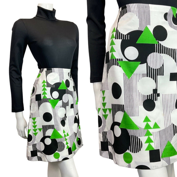 VINTAGE 60s 70s WHITE BLACK GREEN MOD GEOMETRIC A-LINE SHORT SKIRT 8