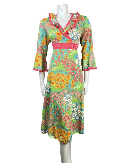 VINTAGE 60s 70s GREEN PINK BLUE FLORAL DAISY DITSY RUFFLED MOD MIDI DRESS 14