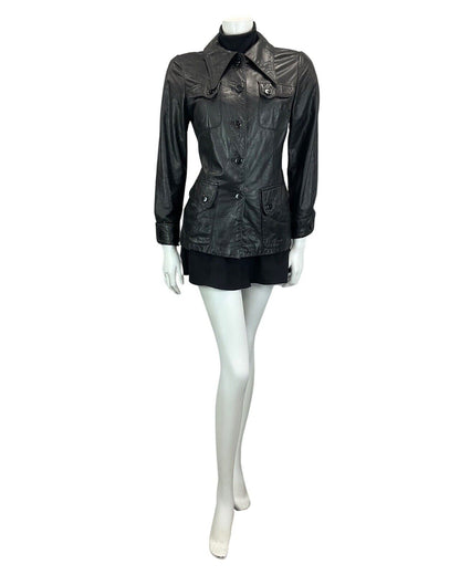 VINTAGE 60s 70s BETTY BARCLAY BLACK LEATHER DAGGAR COLLAR LEATHER MOD JACKET 8