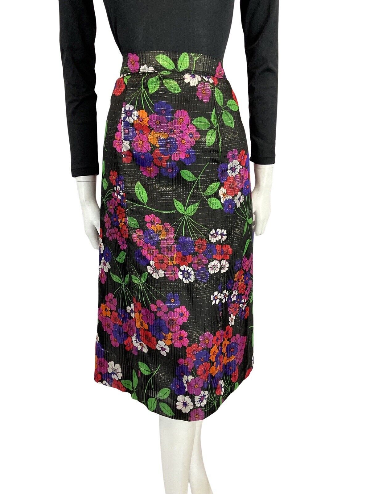 VINTAGE 60s 70s BLACK PINK RED GREEN FLORAL PRINT BOHO FOLK MIDI SKIRT 16