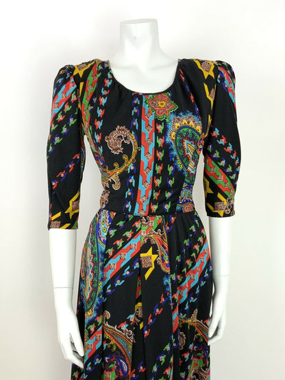 VINTAGE 60s 70s PAISLEY PSYCHEDELIC BLACK YELLOW BLUE RED GREEN  MAXI DRESS 8