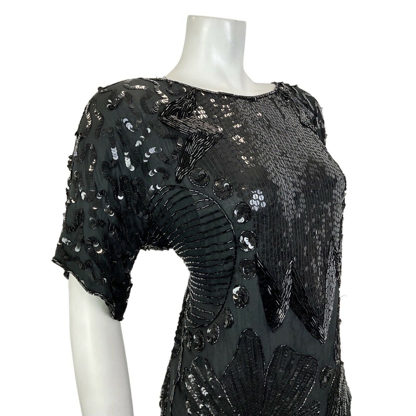 VINTAGE 70s 80s BLACK FLORAL GEOMETRIC DECO SEQUIN BEADED DISCO PARTY TOP 16 18