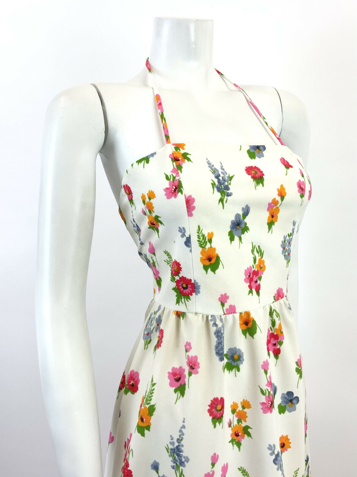 VINTAGE 60s 70s WHITE PINK BLUE ORANGE FLORAL POPPY GARDEN HALTER MAXI DRESS 4 6