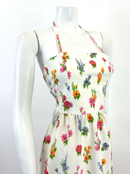 VINTAGE 60s 70s WHITE PINK BLUE ORANGE FLORAL POPPY GARDEN HALTER MAXI DRESS 4 6