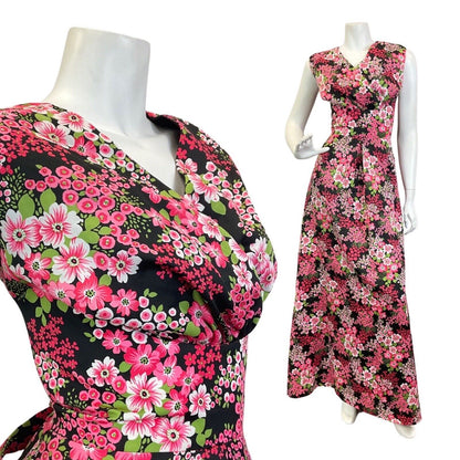 VINTAGE 70s BLACK PINK GREEN PSYCHEDELIC FLORAL SLEEVELESS MAXI DRESS 14 16