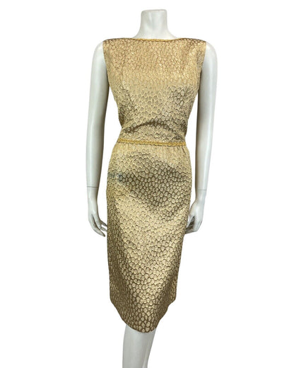 VINTAGE 60s 70s GOLD TEXTURED MOD MINI DISCO PARTY CHRISTMAS EVENING DRESS 12